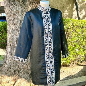Vintage Carol Cohen Studio Mandarin Collar Embroidered Satin Long Quilted Jacket